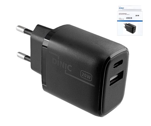 USB C+A töltő/tápegység 20W, PD, fehér, Power Delivery doboz, fekete, DINIC doboz